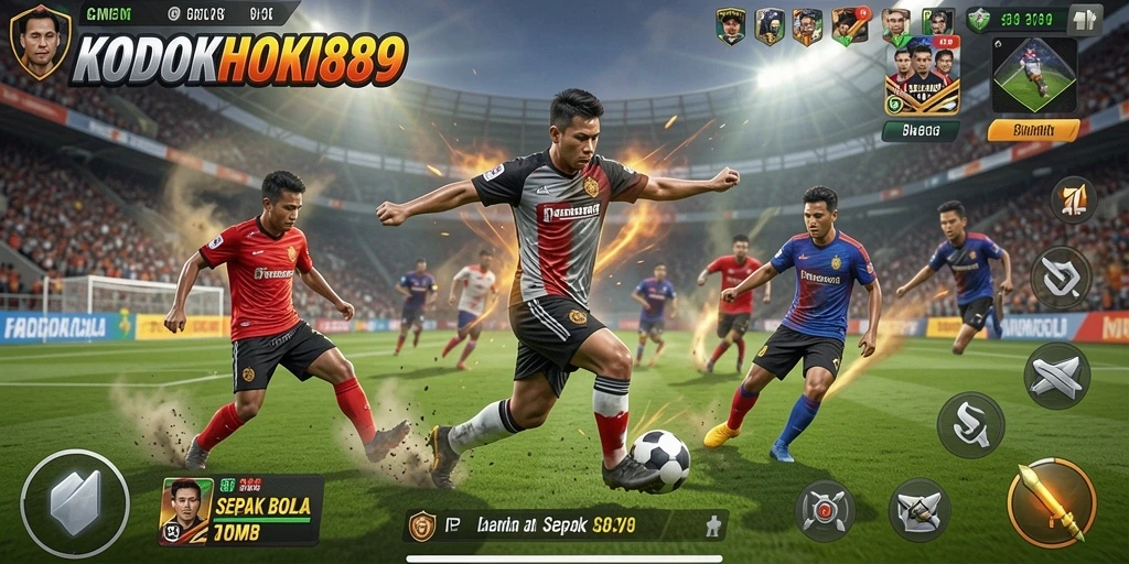 Tampilan gameplay menarik dari KODOKHOKI889 dengan aksi sepak bola seru.