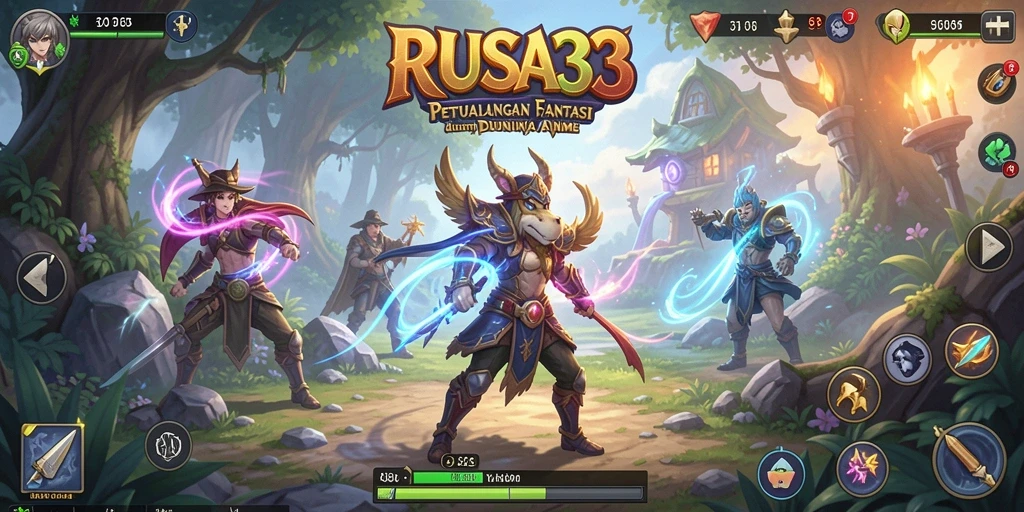Tampilan gameplay RUSA33 dengan karakter anime yang penuh aksi.