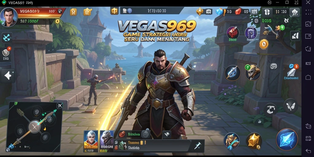 Gameplay VEGAS969 dengan strategi tempur dan pembangunan kerajaan.