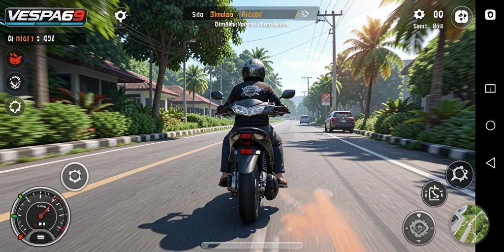 Screenshot gameplay VESPA69 yang menggambarkan pengalaman berkendara.